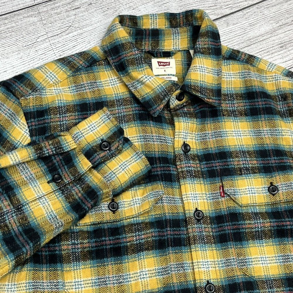 Levis Mens Jackson Worker Yellow Blue Flannel Check Relaxed Fit Shirt Sz S